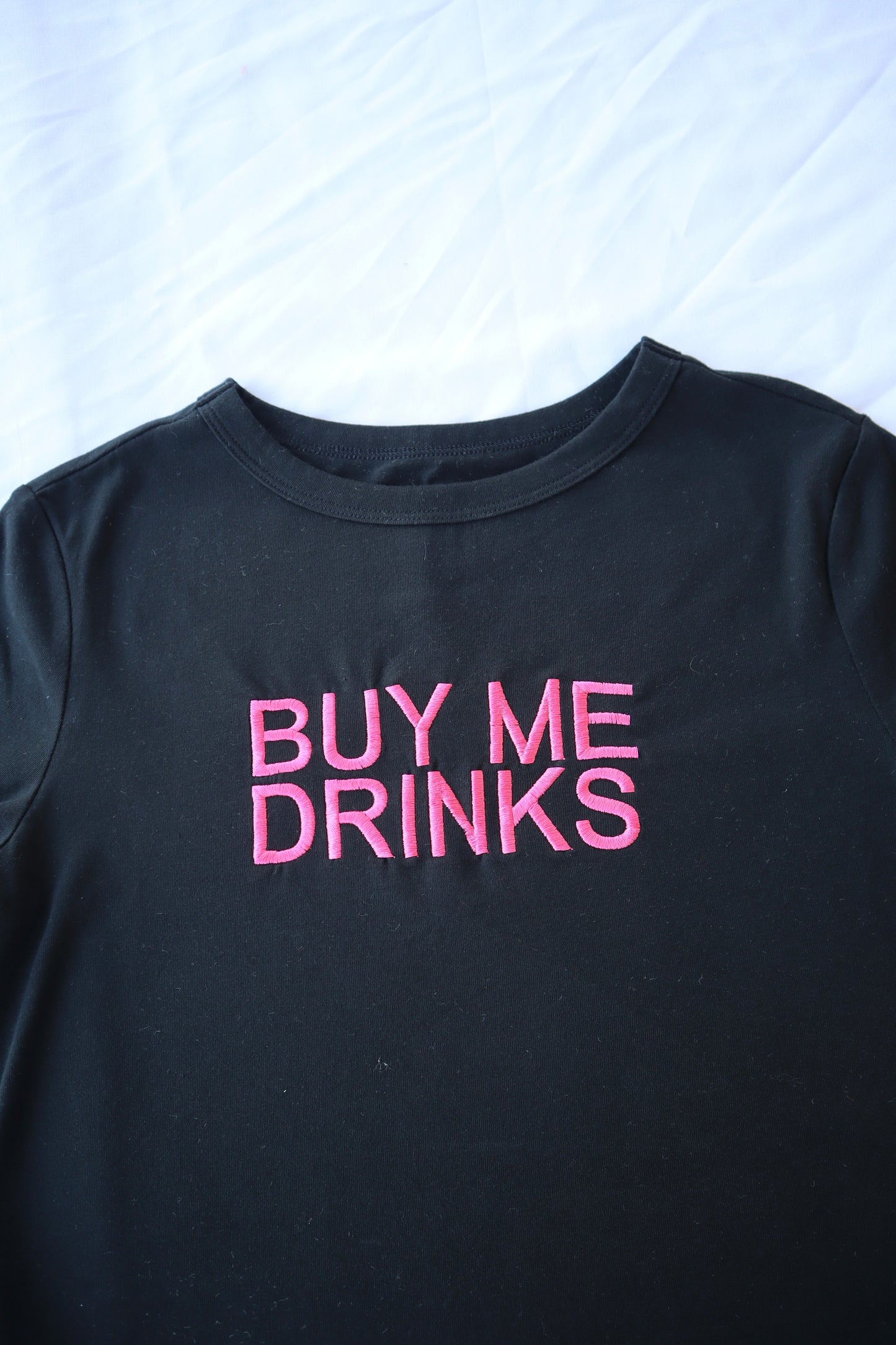 Embroidered ‘Buy Me Drinks’ Cropped, Short Sleeve, Petite fit, Adult, Female, T-Shirt