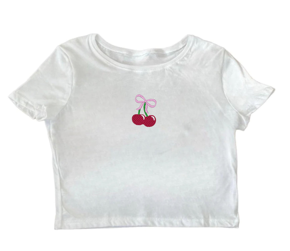 Embroidered "Coquette Cherries" Cropped, Short Sleeve,Petite fit,Adult, Female