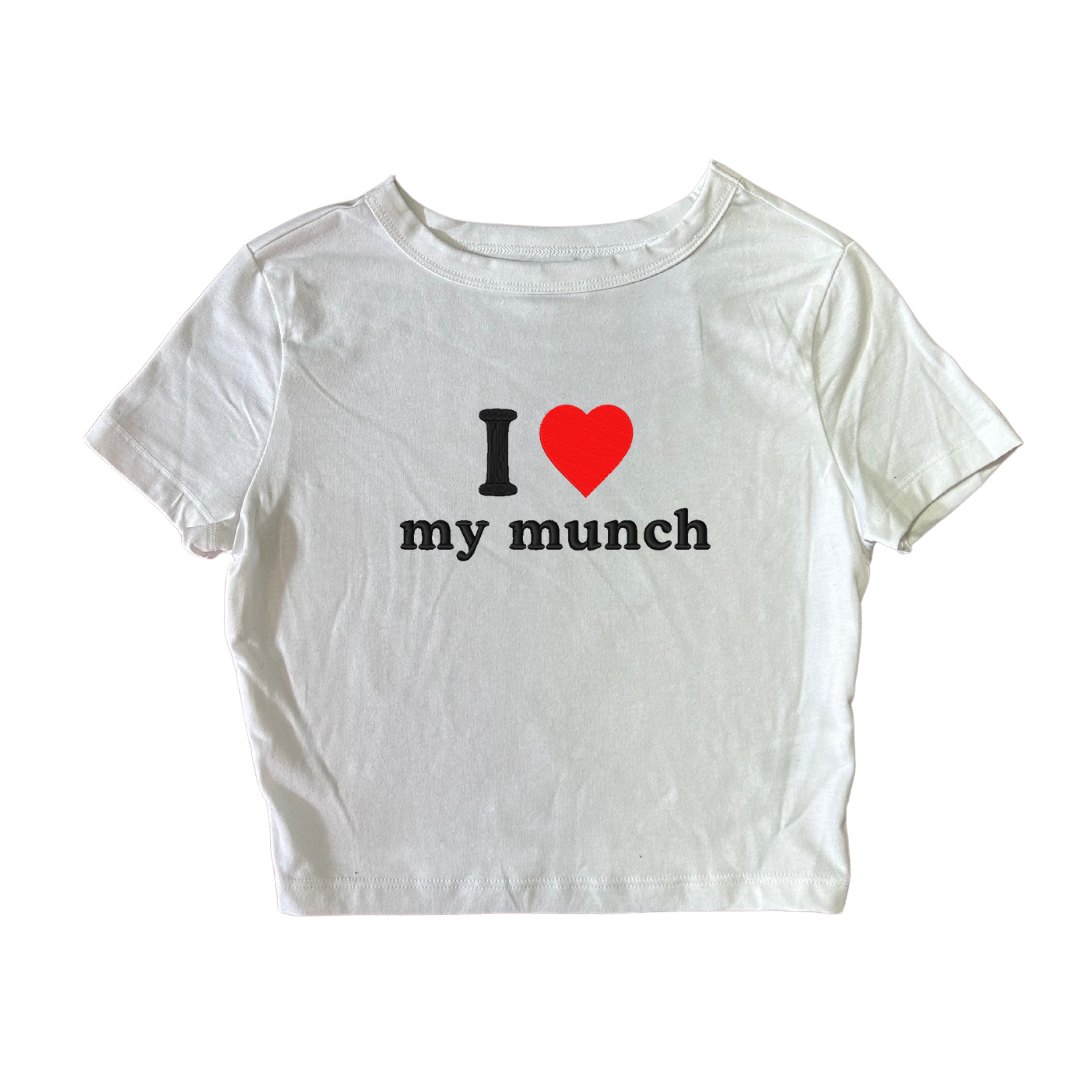 Embroidered ‘I HEART my munch’ Cropped, Short Sleeve, Petite fit, Adult, Female, T-Shirt