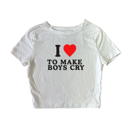 Embroidered ‘I HEART TO MAKE BOYS CRY’ Cropped, Short Sleeve, Petite fit, Adult, Female, T-Shirt