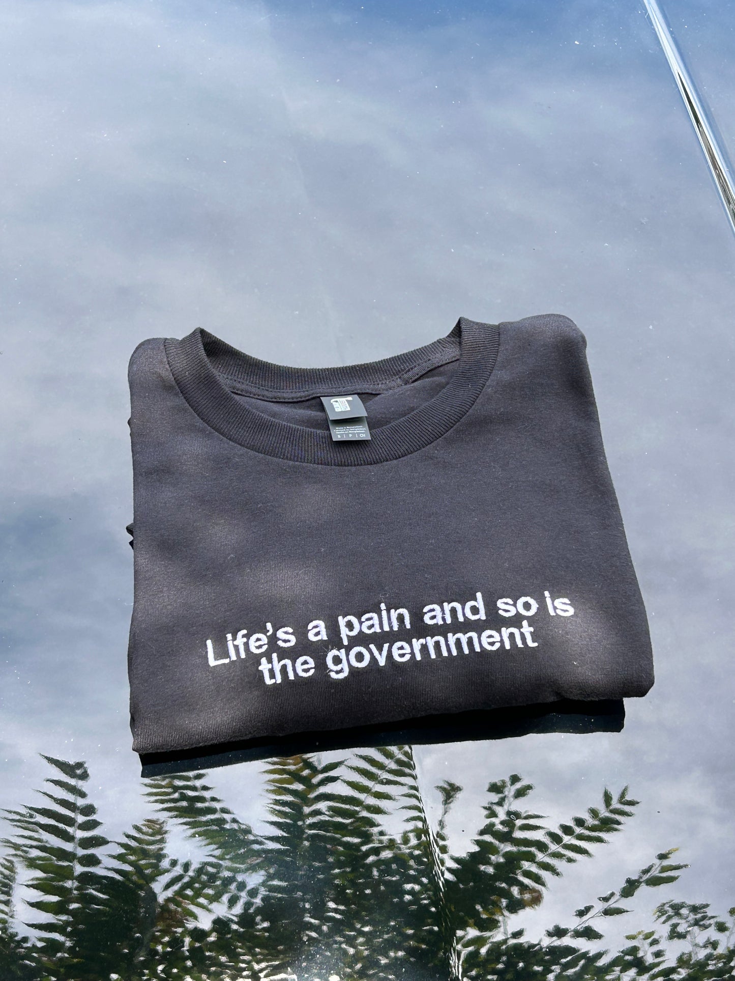 Embroidered 'Life's a pain and so is the government' T-Shirt, Short Sleeve, Modern Classic fit, Unisex, Adult