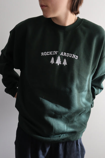 Embroidered “Rockin Around” Christmas Hoodie or Crewneck, Holiday Sweatshirt, Unisex, Classic Fit, Long Sleeve, Adult