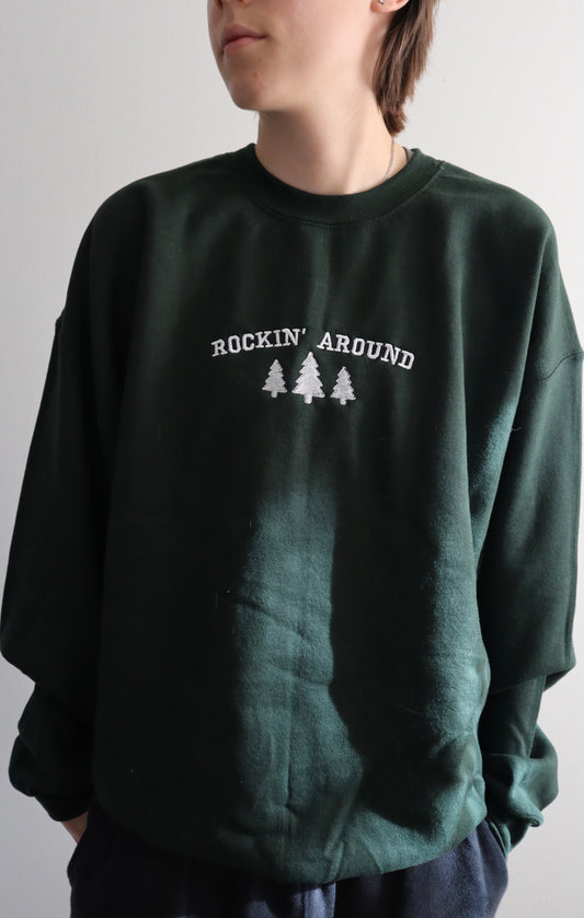 Embroidered “Rockin Around” Christmas Hoodie or Crewneck, Holiday Sweatshirt, Unisex, Classic Fit, Long Sleeve, Adult