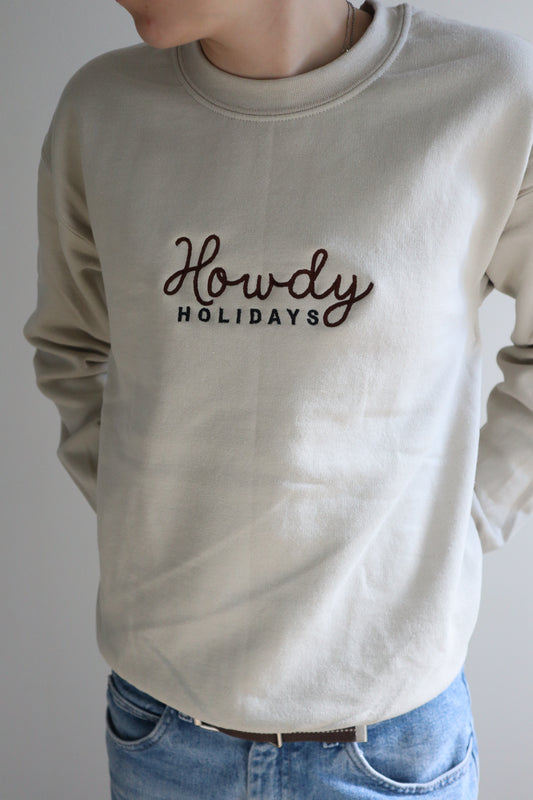 Embroidered “Howdy Holidays” Christmas Hoodie or Crewneck, Holiday Sweatshirt, Unisex, Classic Fit, Long Sleeve, Adult