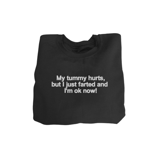 Embroidered 'My Tummy Hurts But I Just Farted And Im Ok Now' Hoodie or Crew Neck, Long Sleeve, Classic fit, Unisex, Adult