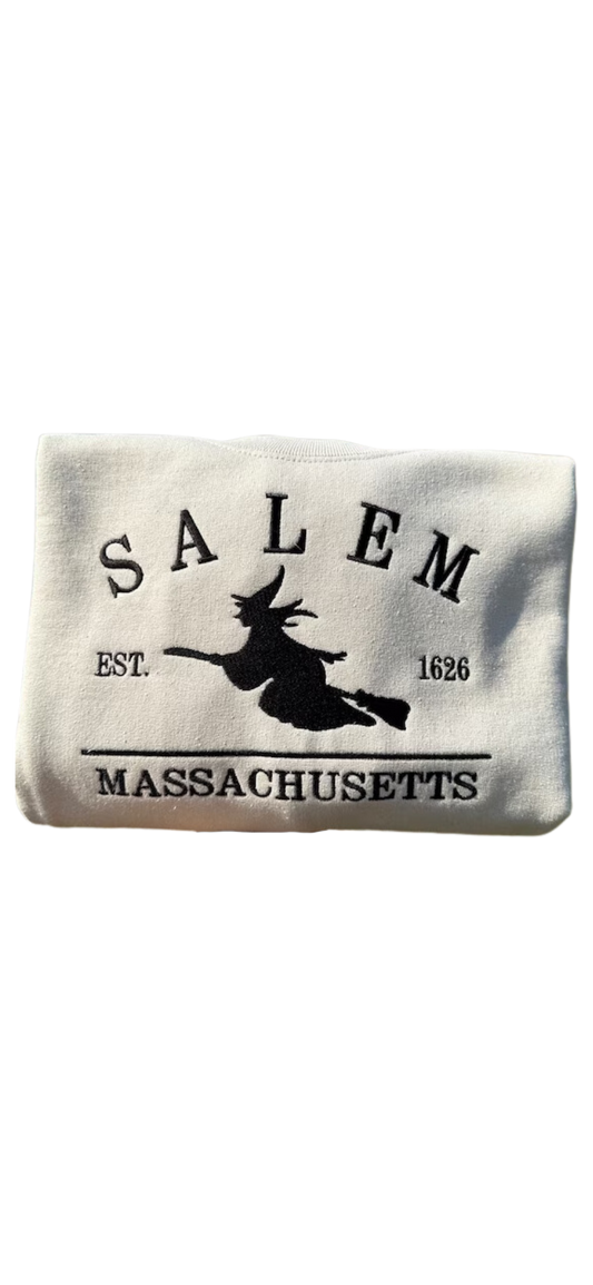 Embroidered 'Salem Massachusetts Witch' Hoodie, Crew Neck Long Sleeve or T-Shirt Short Sleeve, Classic fit, Unisex, Adult