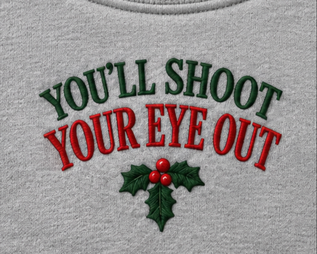 Embroidered “You'll Shoot Your Eye Out” Holidays Christmas Hoodies or Crewnecks Unisex · Classic Fit · Long Sleeve · Adult