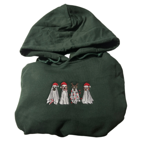 Embroidered 'Christmas Ghost Dogs' Hoodie or Crew Neck, Long Sleeve, Classic fit, Unisex, Adult