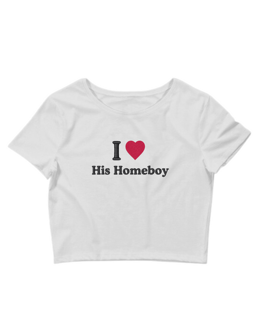 Embroidered ‘I HEART His Homeboy’ Cropped, Short Sleeve, Petite fit, Adult, Female, T-Shirt