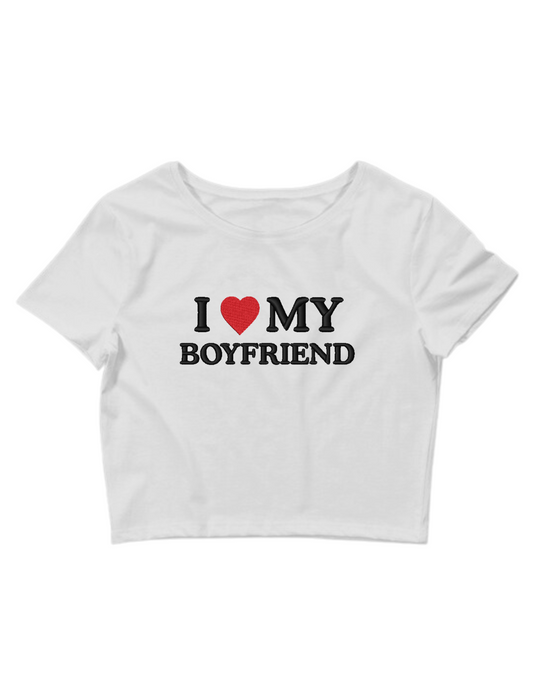 Embroidered ‘I Heart My Boyfriend’ Cropped Short Sleeve T-Shirt, Petite Fit, Adult Female by KDM Vintage