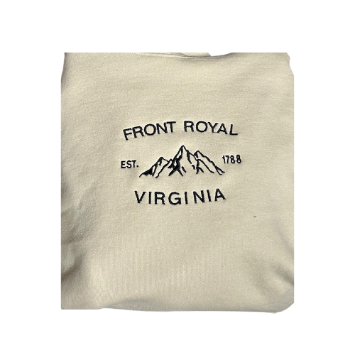 Embroidered 'Front Royal Mountains' Hoodie or Crew Neck, Long Sleeve, Classic fit, Unisex, Adult