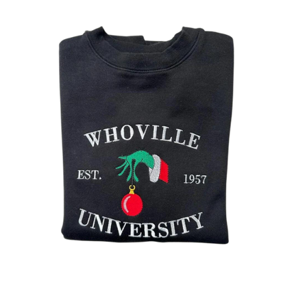 Embroidered 'Whoville University' Hoodie or Crew Neck, Long Sleeve, Classic fit, Unisex, Adult