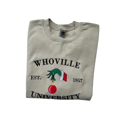 Embroidered 'Whoville University' Hoodie or Crew Neck, Long Sleeve, Classic fit, Unisex, Adult