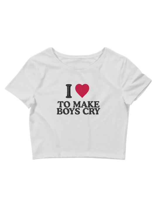 Embroidered ‘I Heart to Make Boys Cry’ Cropped, Short Sleeve, Petite fit, Adult, Female, T-Shirt