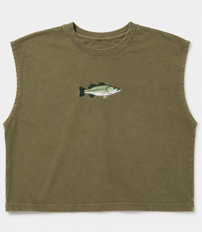 Embroidered Bass Fish Cropped Muscle Tee, Tank Top, Crop Fit, Unisex, Adult