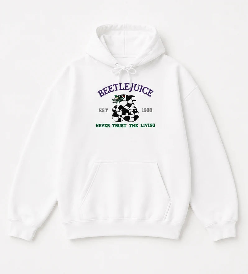 Embroidered 'Beetle Never Trust The Living' Hoodie or Crew Neck, Long Sleeve, Classic fit, Unisex, Adult