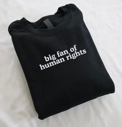 Embroidered "big fan of human rights", Hoodie or Crew Neck, Long Sleeve, Classic fit, Unisex, Adult
