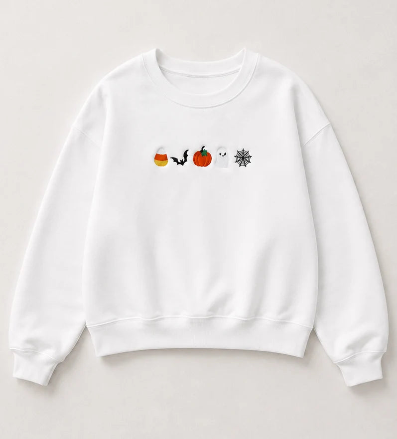 Embroidered 'Candy Corn, Bat, Pumpkin, Ghost, Spider Web' Hoodie or Crew Neck, Long Sleeve, Classic fit, Unisex, Adult