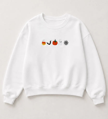 Embroidered 'Candy Corn, Bat, Pumpkin, Ghost, Spider Web' Hoodie or Crew Neck, Long Sleeve, Classic fit, Unisex, Adult