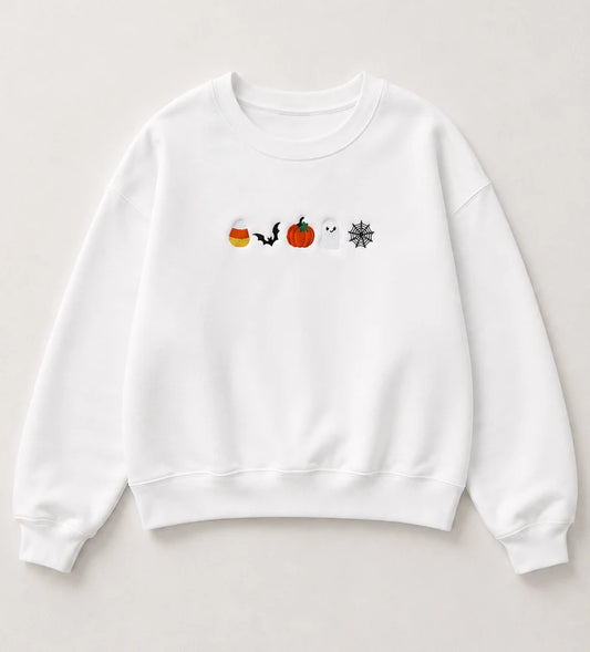 Embroidered 'Candy Corn, Bat, Pumpkin, Ghost, Spider Web' Hoodie or Crew Neck, Long Sleeve, Classic fit, Unisex, Adult