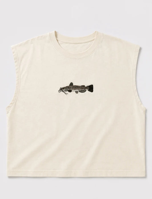 Embroidered Catfish Cropped Muscle Tee, Tank Top, Crop Fit, Unisex, Adult