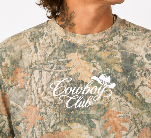 Embroidered Cowboy Club Vintage Camo Waffle Long Sleeve Tee 7.0 oz