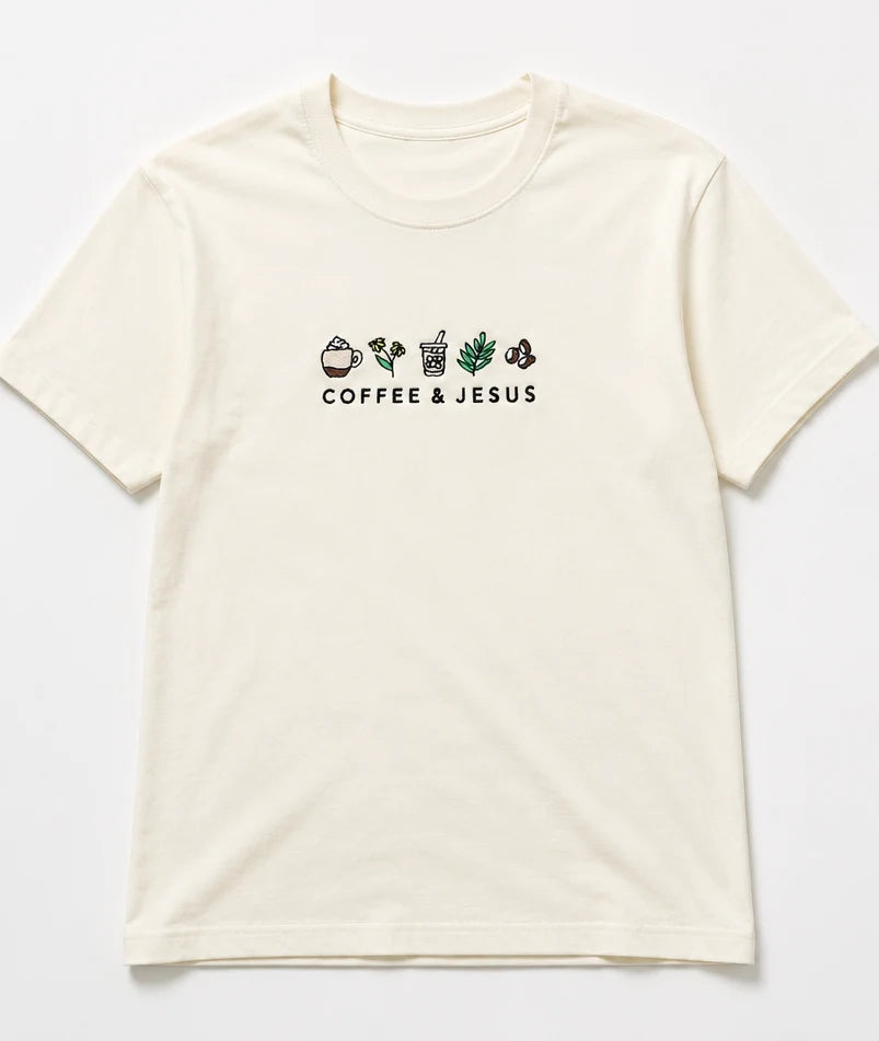 Embroidered Coffee and Jesus, Easter, Short Sleeve, Modern Classic Fit, Unisex, Adult T-Shirt