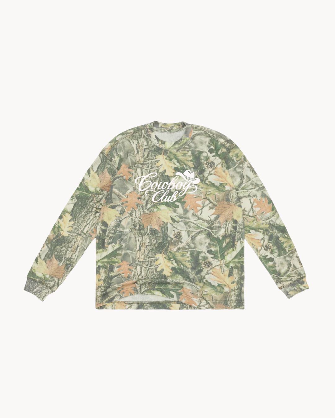 Embroidered Cowboy Club Vintage Camo Waffle Long Sleeve Tee 7.0 oz