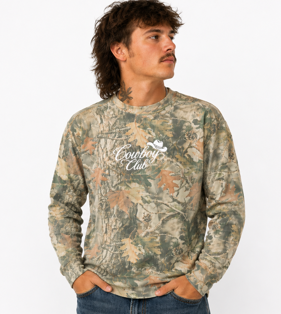 Embroidered Cowboy Club Vintage Camo Waffle Long Sleeve Tee 7.0 oz