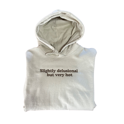 Embroidered 'Slightly Delusional but Very Hot' Hoodie or Crew Neck, Long Sleeve, Classic fit, Unisex, Adult