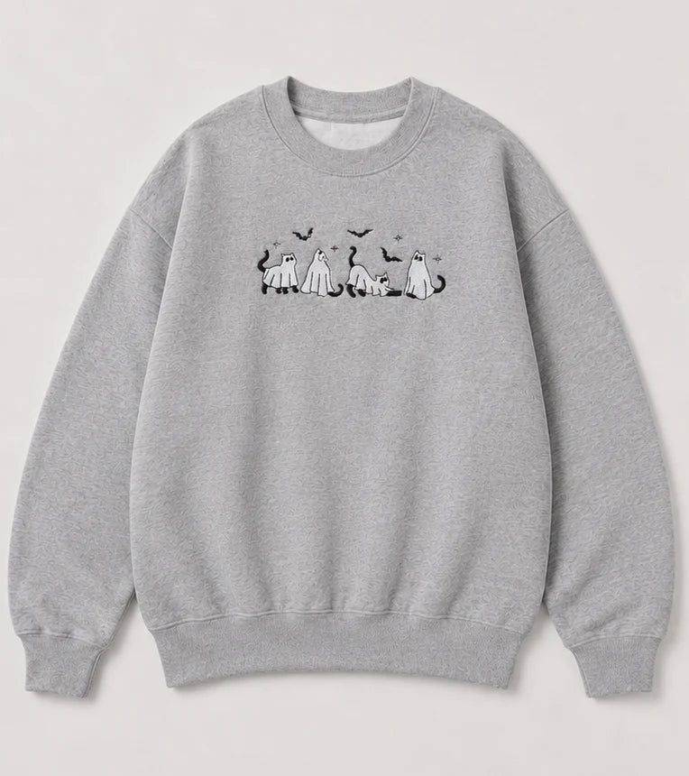Embroidered 'Ghost Cats'  Hoodie or Crew Neck Long Sleeve, Classic fit, Unisex, Adult