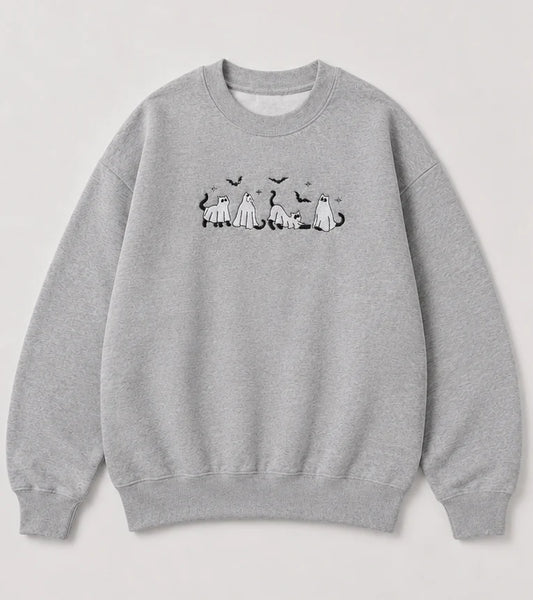 Embroidered 'Ghost Cats'  Hoodie or Crew Neck Long Sleeve, Classic fit, Unisex, Adult