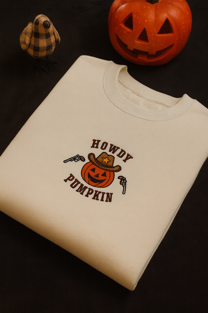 Embroidered 'Howdy Pumpkin' Hoodie or Crew Neck, Long Sleeve, Classic fit, Unisex, Adult