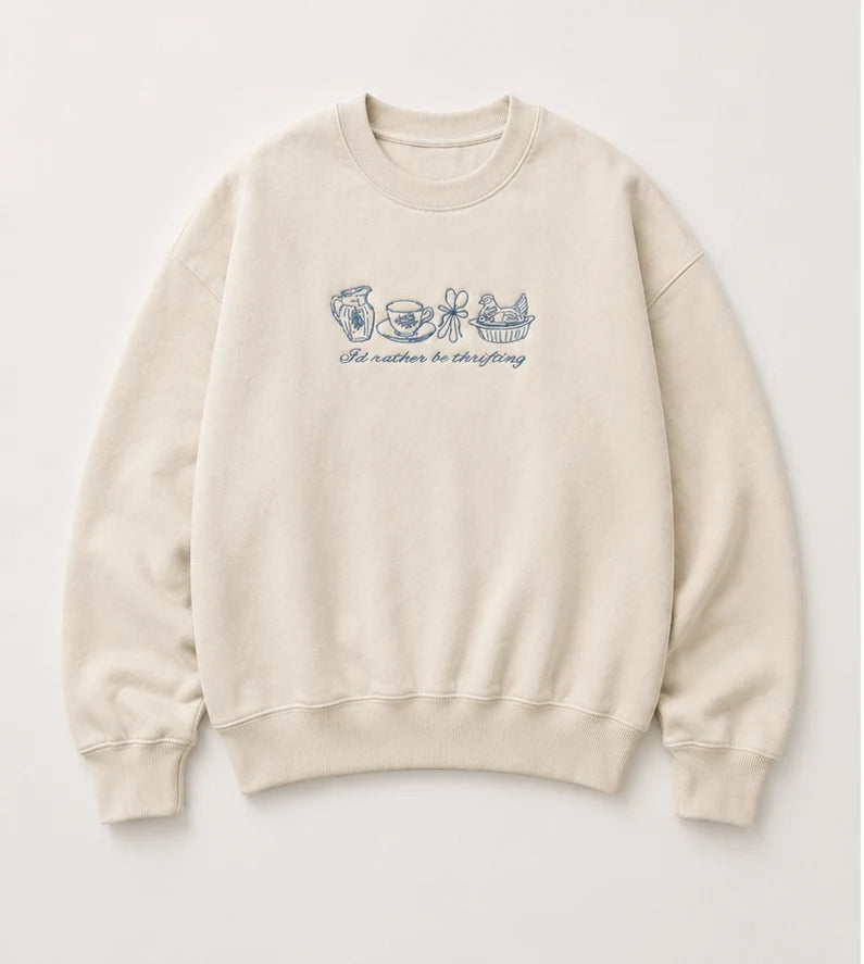 Embroidered I’d rather be thrifting, Hoodie or Crew Neck, Long Sleeve, Classic fit, Unisex, Adult