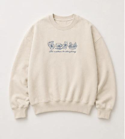 Embroidered I’d rather be thrifting, Hoodie or Crew Neck, Long Sleeve, Classic fit, Unisex, Adult