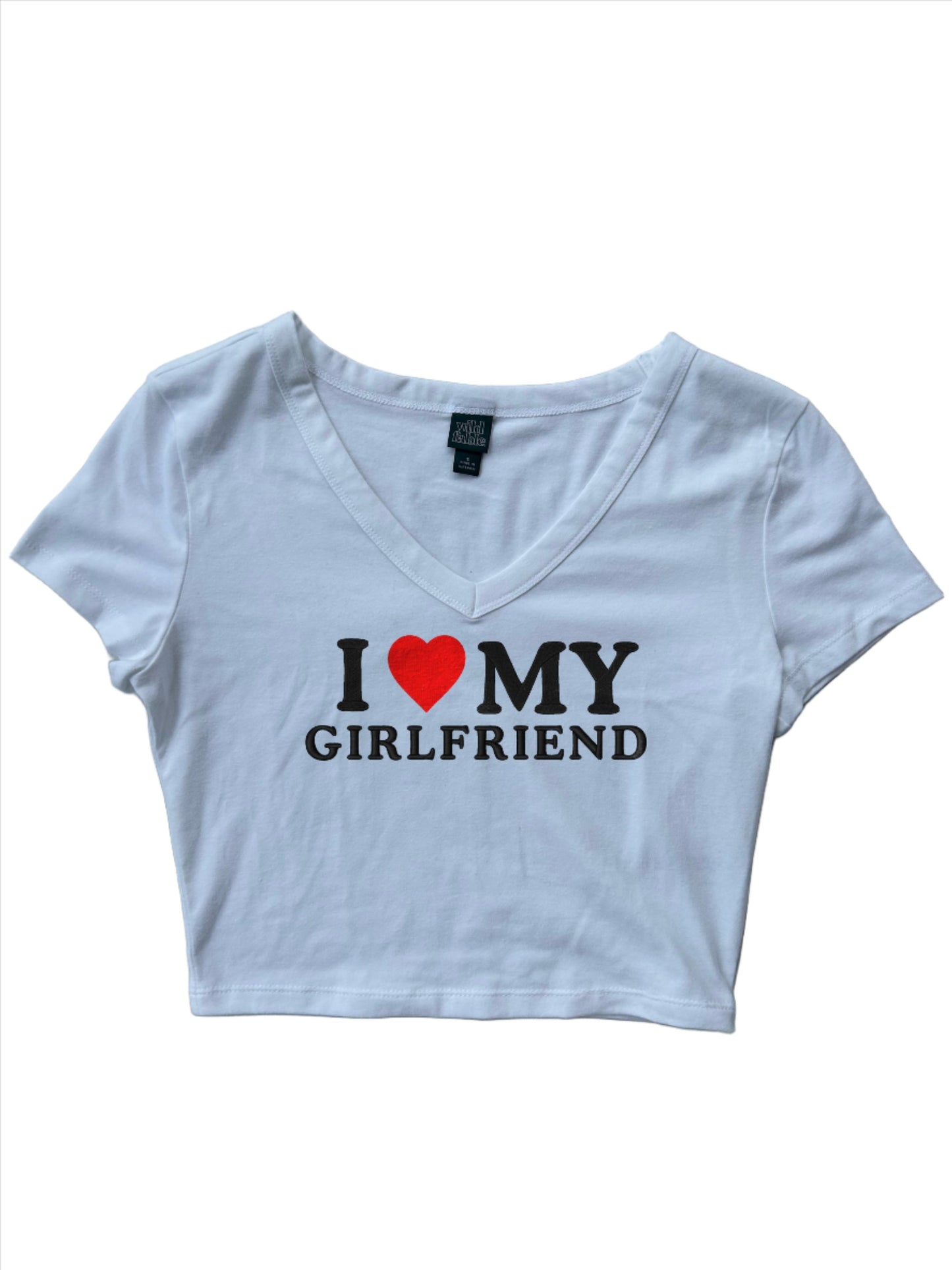 Embroidered ‘I Heart My Girlfriend’ Cropped Short Sleeve T-Shirt, Petite Fit, Adult Female by KDM Vintage