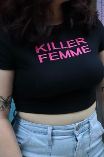 Embroidered "Killer Femme",Short Sleeve, Fitted, Female, Adult, Cropped T-Shirt