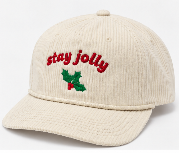 Embroidered Stay Jolly Ivory Corduroy Five-Panel Rope Cap