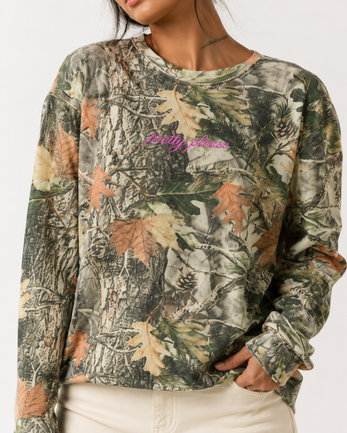Embroidered Pretty Please Vintage Camo Waffle Long Sleeve Tee 7.0 oz