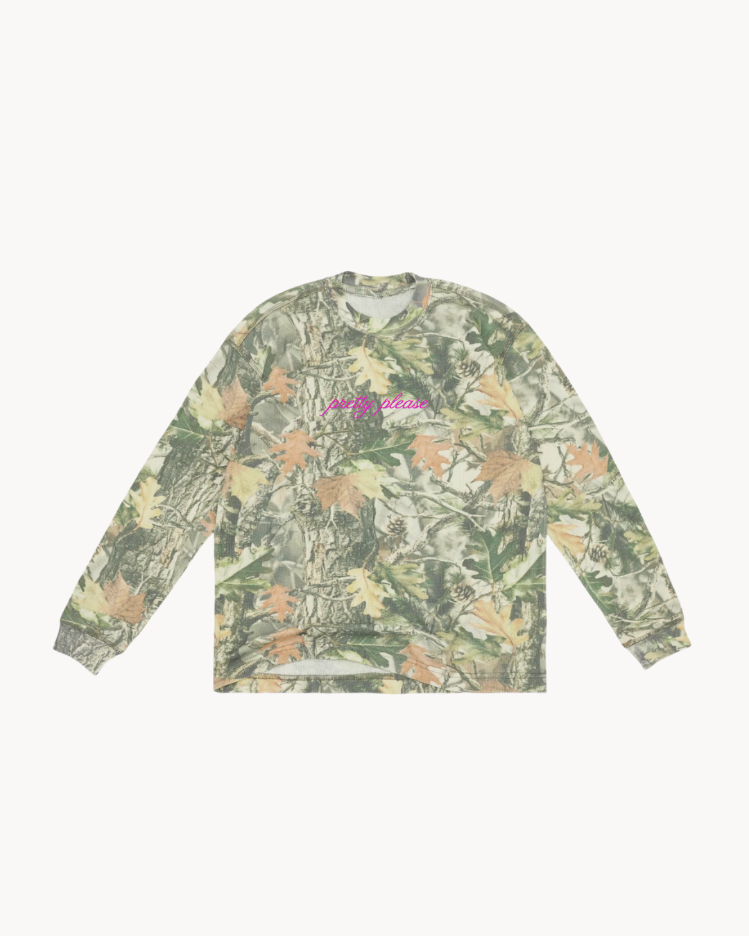 Embroidered Pretty Please Vintage Camo Waffle Long Sleeve Tee 7.0 oz