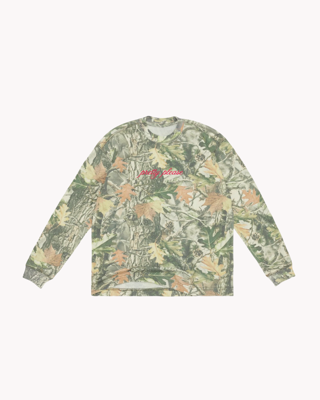 Embroidered Pretty Please Vintage Camo Waffle Long Sleeve Tee 7.0 oz