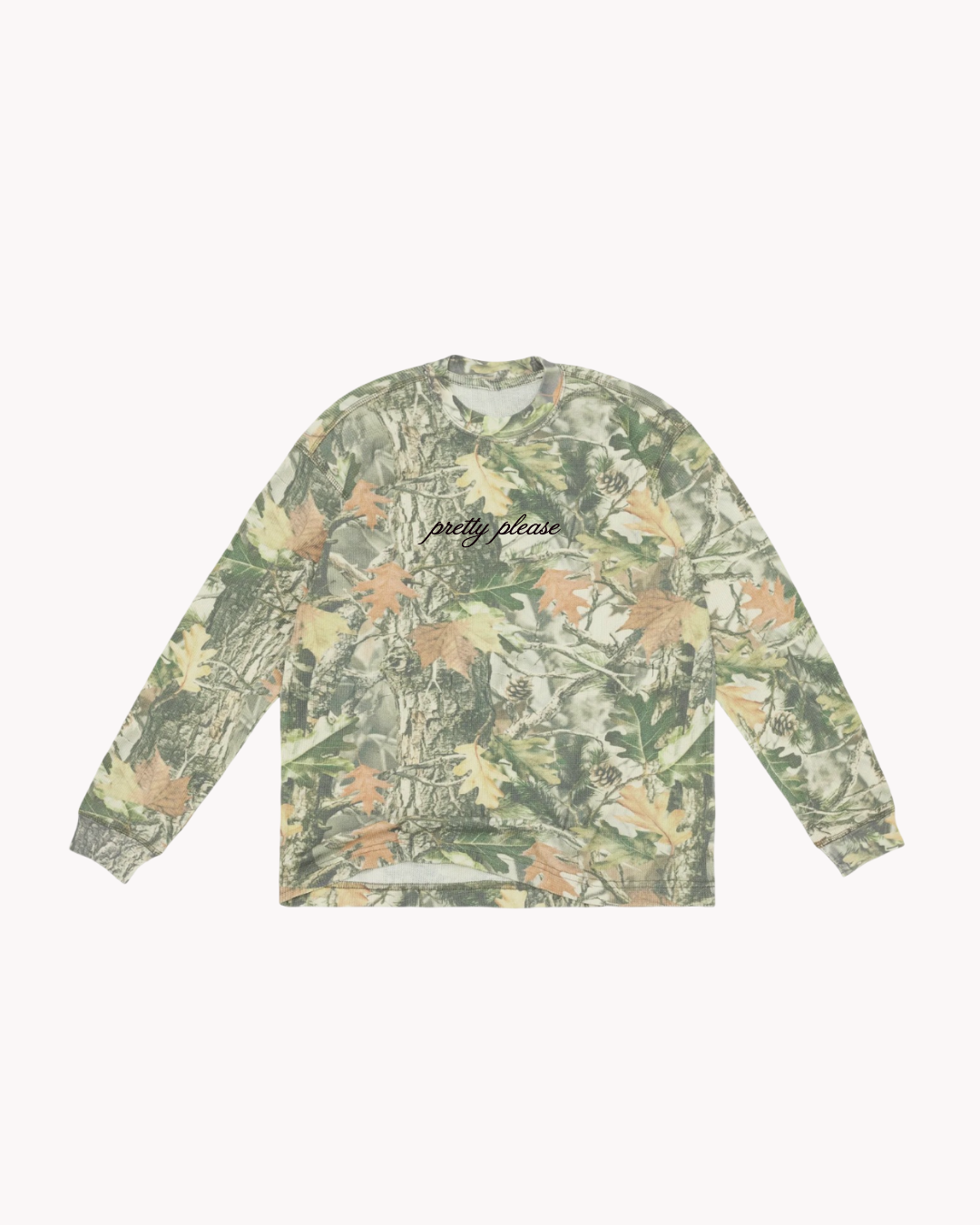 Embroidered Pretty Please Vintage Camo Waffle Long Sleeve Tee 7.0 oz