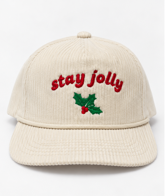 Embroidered Stay Jolly Ivory Corduroy Five-Panel Rope Cap