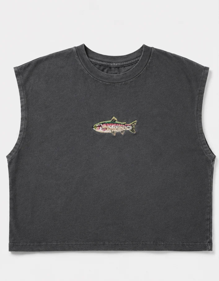 Embroidered Trout Fish Cropped Muscle Tee, Tank Top, Crop Fit, Unisex, Adult