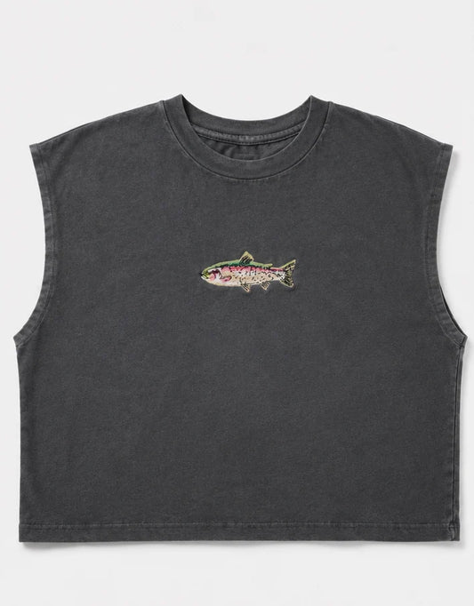Embroidered Trout Fish Cropped Muscle Tee, Tank Top, Crop Fit, Unisex, Adult